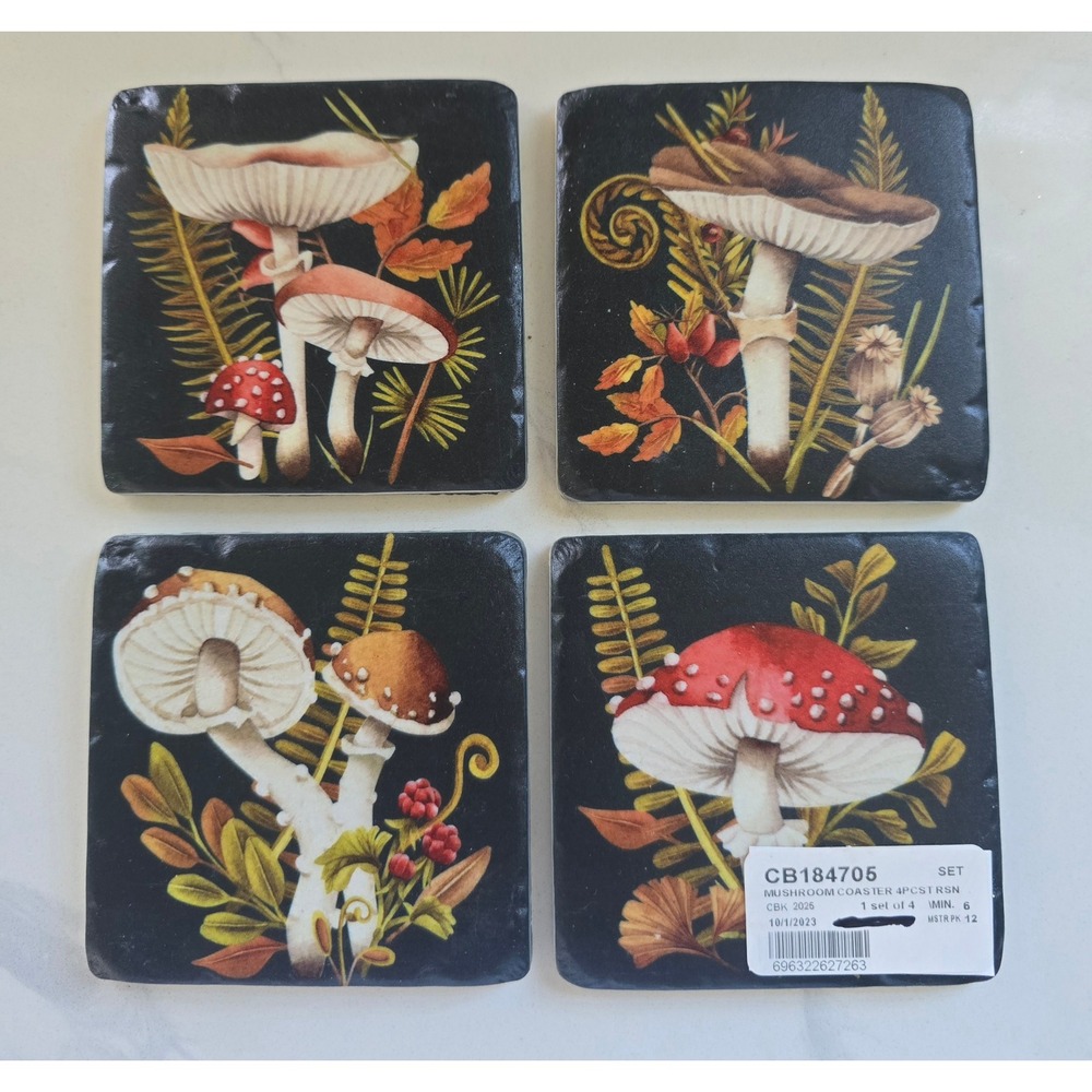 New CBK Mushroom Resin Coaster Set of 4 Botanical Fungi Cork Backed